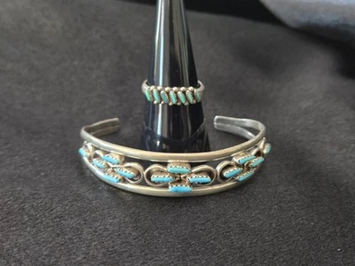 Vintage Zuni Native American Sterling Needlepoint Turquoise Cuff Bracelet Ring - Image 1 of 4