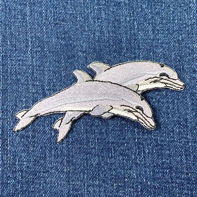 Pair Of Dolphins Applique Patch - Embroidered Animal Badge 3.75" (Iron On) - Image 1 of 2