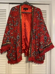 Giacca aperta COLLEEN LOPEZ stampa floreale taglia 2X rosso paillettes kimono frange crop - Foto 1 di 5