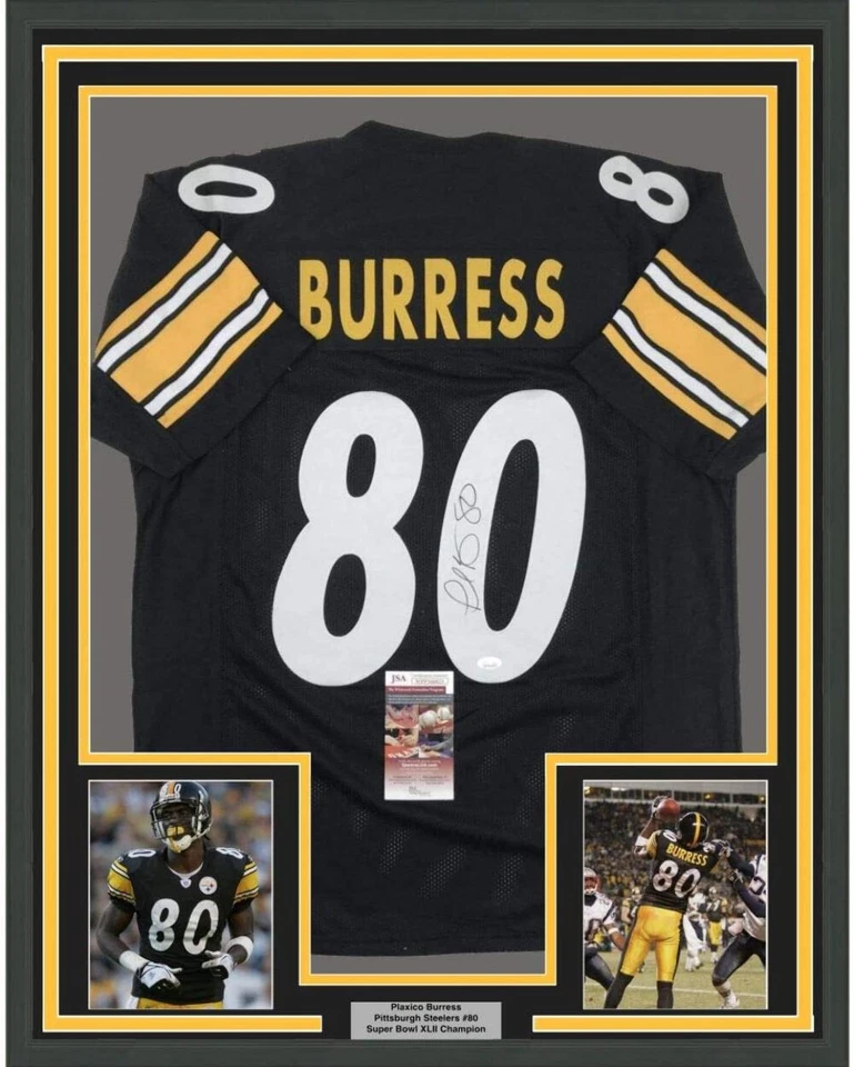 FRAMED Autographed/Signed PLAXICO BURRESS 33x42 Pittsburgh Black Jersey JSA COA - Image 1 of 2