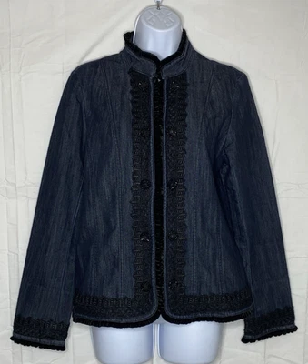 Emma James Stretch Victorian Black Velvet/Lace trim/Sparkly Buttons Jean Jacket - Image 1 of 4