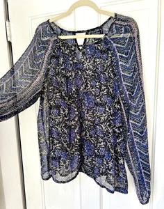 Lucky Brand blau schwarz Blumen Tunika Top Print halbtransparent Bauern Boho Bluse XL - Bild 1 von 12