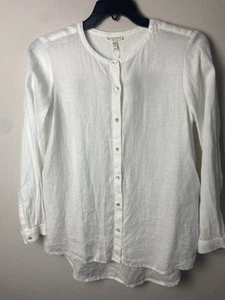 Eileen Fisher White 100% Organic Linen Button Up Long Sleeve Tunic Blouse Top PM - Picture 1 of 2