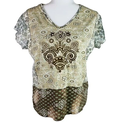 Top de algodón Caribbean Joe beige y marrón manga gorra floral transparente talla mediana Foto 1 de 4