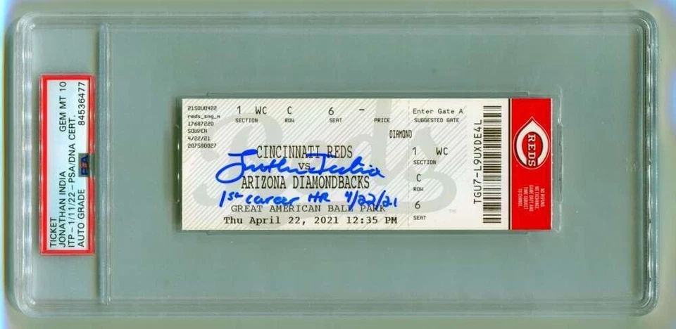 Jonathan India Signed 1st Home Run Ticket 4/22/2021 w/ Inscription PSA 10 Auto - Image 1 of 1
