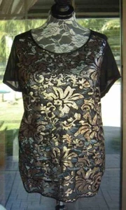 Lane Bryant Faux Leather Trim Gold Sequin Black Lace Overlay Shirt Sz. 25/25 - Picture 1 of 5