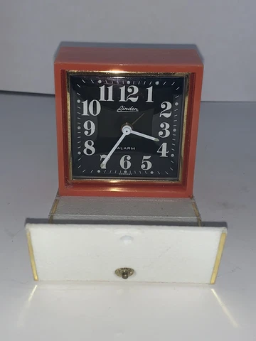 Vintage Linden MID CENTURY Plastic Travel Square Alarm Clock White &Orange WORKS Cover
