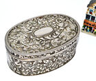 Silver Tone Metal Ornate Oval Jewelry Box With Embossed Floral Design   Used