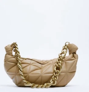 Zara Women Blue Quilted Leather Shoulder Bag With Chain Handle Cream Tan - Picture 1 of 7