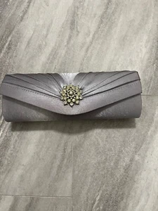 Women’s Gray Ruched Satin Evening Bag with Rhinestone Clasp Wallet - Picture 1 of 3