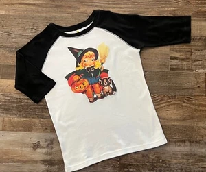 New Vintage Retro Halloween Raglan Shirt Toddler Kids Girl Witch Black Cat - Picture 1 of 3