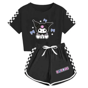 Kids Girls Cartoon Kuromi Print Short Sleeve T-Shirt Shorts Pajama Set - Picture 1 of 7