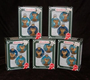 Christmas Kugelgruss Glass Ball Ornaments 3D Gold Angels BLUE Vintage MCM - Picture 1 of 4