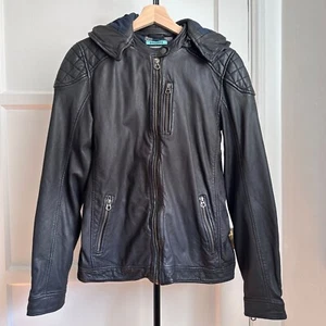 Scotch & Soda Black Leather Hooded Zip Moto Biker Jacket RARE Small - Picture 1 of 13