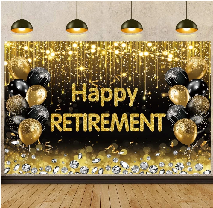 Black and Gold Happy Retirement Backdrop 7x5FT Party Decorations - Image 1 of 4