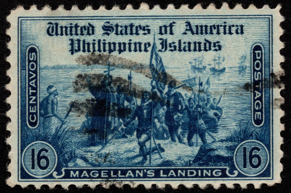 Philippines Stamp Scott # 389 Used F-VF - 16 Cents Dark Blue Magellan's Landing - Image 1 of 1