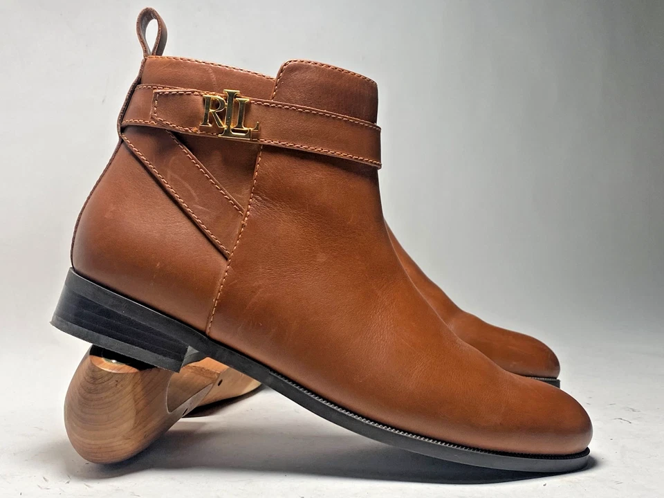 Botas al tobillo Lauren Ralph Lauren para mujer talla 8 B Bonne cuero coñac logotipo dorado Foto 1 de 4