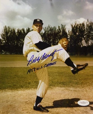 Foto de lanzamiento autografiada 8x10 de Bobby Shantz WS Champs - autenticada por JSA Foto 1 de 2