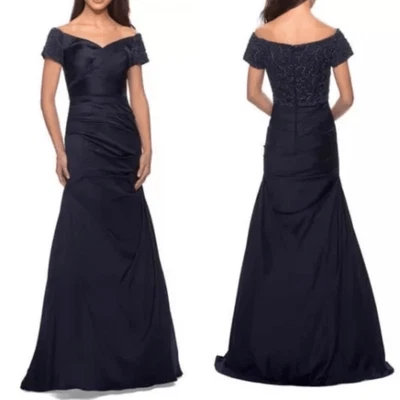 La Femme с плеча бисером атласная труба платье темно-синий размер 18 длиной Rushed официальный - Изображение 1 из 4