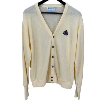 Suéter Izod Hombres Grande Amarillo Cárdigan Cuello en V Tejido Cresta Preppy Abuelo Academia Foto 1 de 4