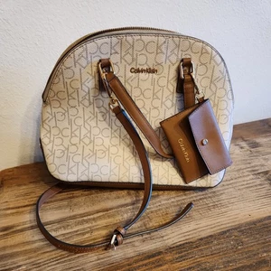 Calvin Klein Women's Medium Round Satchel Handbag CK Logo Pouch Almond Khaki Gld - Picture 1 of 7