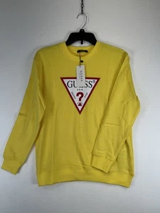 Guess Sweatshirt Mens Medium Yellow Crewneck Triangle Logo Pullover Washed Jeans - Picture 1 of 6