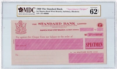 Rhodesia, 1960, UNC, Specimen Cheque, MDC 62 GPQ - Image 1 of 2