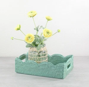 NEW Tight Woven Scalloped Edge Rattan Tray with Handles, Small, Sage Leaf - Picture 1 of 4