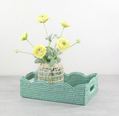 NEW Tight Woven Scalloped Edge Rattan Tray with Handles, Small, Sage Leaf - Image 1 of 4