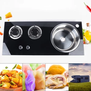 Boat Caravan RV Camper Gas Stove Hob 2 Burner LPG Sink Combo Cooktop w/Glass Lid - Picture 1 of 9