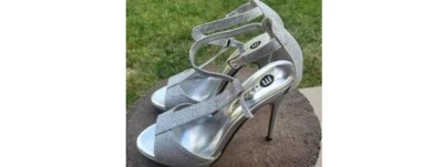 Michael Antonio Tipton Silver Glitter Ankle Strap Stiletto Sandals, size 5.5 - Image 1 of 4
