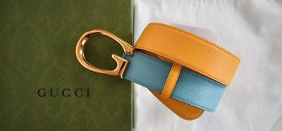 Authentic GUCCI Two-Tone Yellow-Blue Leather MEMORABLE G BUCKLE Belt 85 US34 - Image 1 of 4