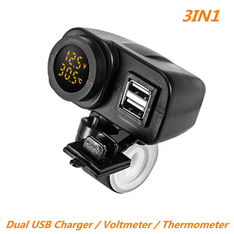 12V Dual USB Charger LED Digital Voltmeter & Thermometer For Motorcycle Scooter - Image 1 of 4