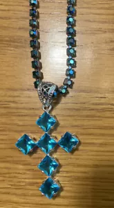Vintage Sterling Silver blue Rhinestone cross on choker necklace. Weiss Style - Picture 1 of 5