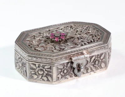 Sterling Silver Octagonal Bird with Flower Pattern & Pink Gemstones Jewel Box - image 1 of 4