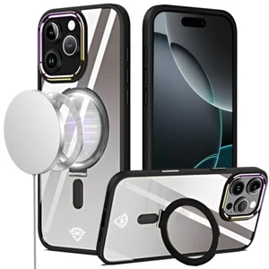 For iPhone 16 Pro 6.3in Case Magnetic Circle RingStand Chrome + Tempered Glass - Picture 1 of 16