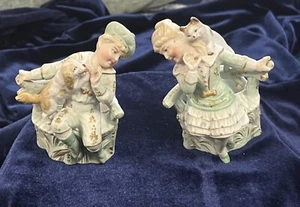 Antique, 1860, Conta & Boehme Porcelain Figurines Girl & Cat, Boy & Dog Exc Cond - Picture 1 of 9