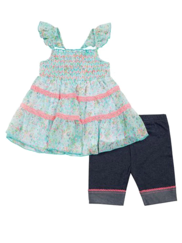 Little Lass Infant & Toddler Girls Aqua & Pink Chiffon Top Biker Shorts Outfit - Image 1 of 1