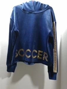 Girls Justice Active Hoodie Size 8 Soccer Blue Gold Glitter Velvet - Picture 1 of 8