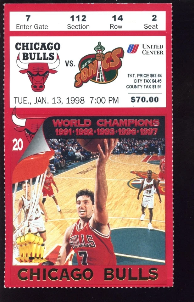 Jan 13 1998 NBA Ticket Stub Sonics at Chicago Bulls Michael Jordan 40 Points - Image 1 of 1
