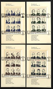 U.S. Used #2216 - 2219 22c Ameripex ’86 Presidents Set of 4 Sheets SOTN FDC - Picture 1 of 1