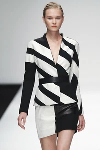 Abrigo Chaqueta DAVID KOMA Negro Blanco Rayas Lana Piel de Cordero Cuero UK8 4 - Imagen 1 de 5