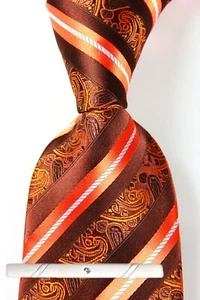 New Classic Paisley Striped Brown Jacquard Weave 100% Silk Men's Necktie Tie - Picture 1 of 6