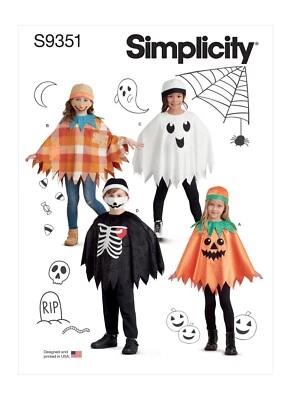 SIMPLICITY 9351 CHILD'S HALLOWEEN PONCHO & MASKS Sewing Pattern Sizes s - L - Image 1 of 4
