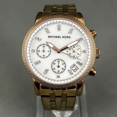 Michael Kors MK-5026 Womens Watch MOP Rose Gold S.Steel Date MK5026 New Battery - Image 1 of 4