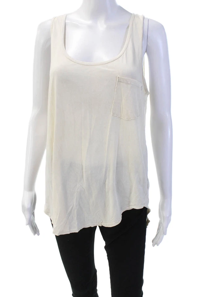 Camiseta sin mangas informal con bolsillos cuello redondo de algodón beige talla S hecha en Los Ángeles para mujer Foto 1 de 4