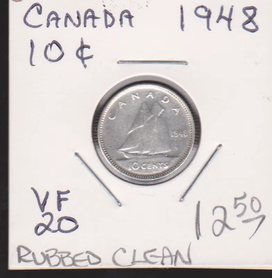Canada 10c George Sixth 1948 VF20  .800 silver.  Series key date. - Image 1 of 2