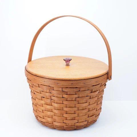 Longaberger Vintage 1989 XL Round Corn Basket Wood Lid Glass Knob - 13 in Large! Cover