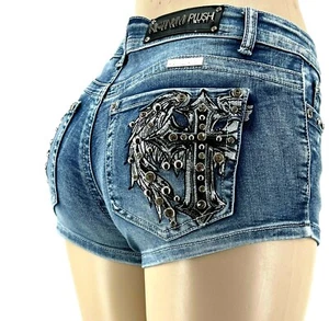 PLATINUM PLUSH LADIES LEATHER CROSS & WING RHINESTONE DENIM SHORTS STYLE #4546 - Picture 1 of 5