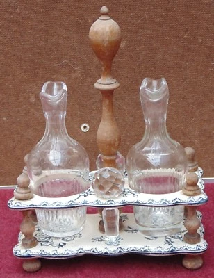 superbe ancien service huile vinaigre faience GIEN ? model floral signé salins - Photo 1/4